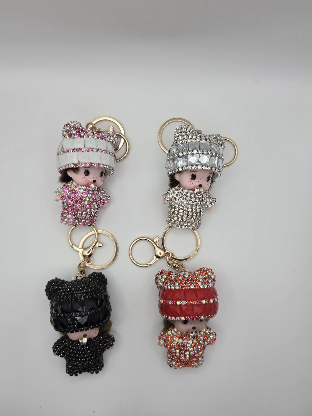 Crystal Embellished Doll Keychain - Pink, Silver, Black, Red